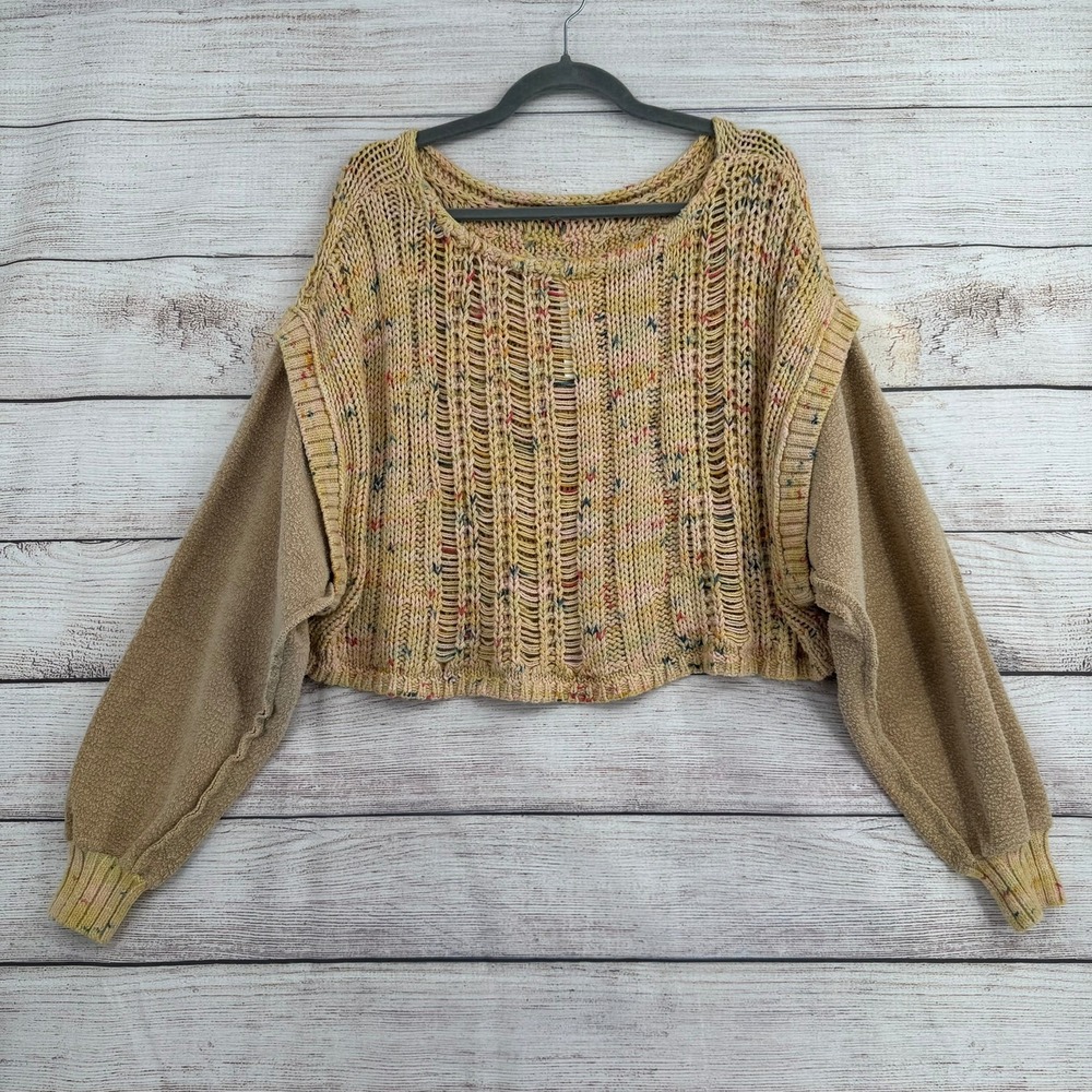 Free People Mixed Media Sweater Women XS Tan Multicolor Cable Knit Cropped